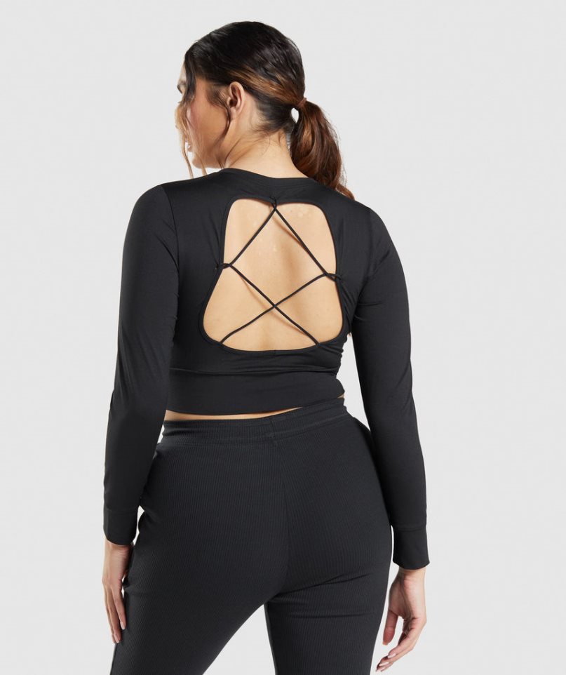 Women's Gymshark Pause Open Back Long Sleeve Cropped Tops Black | CA 57A13N